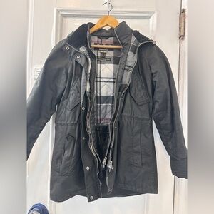 Rare Barbour Heath waxed cotton jacket in black with tartan